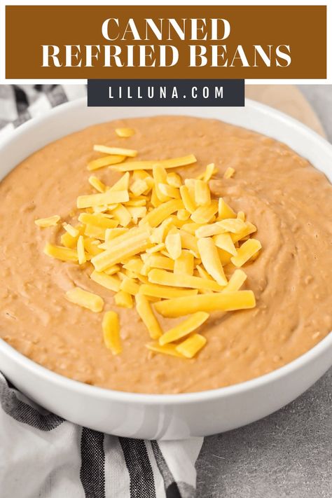 Get perfectly creamy restaurant-style beans by adding just THREE extra ingredients to your canned refried beans! #refriedbeans #beans #beansrecipe #mexicanrecipes #sidedish Can Refried Beans Recipe, Taco About Love, Canned Refried Beans, Cheese Corn Casserole, Unique Diy Crafts, Mexican Beans, Amazing Snacks, Canning Refried Beans, Easy Mexican Casserole