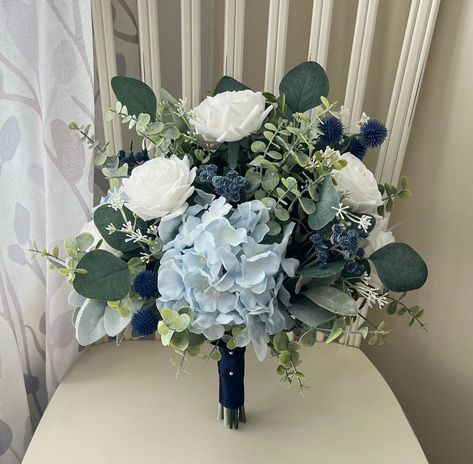 Gardenia Wedding Flowers, Dusty Blue And Navy Wedding, Dusty Blue Wedding Bouquet, Blue And Navy Wedding, Anemone Bridal Bouquet, Dusty Blue And Navy, Navy Wedding Bouquet, Silk Flower Centerpieces, Silk Flower Wedding Bouquet