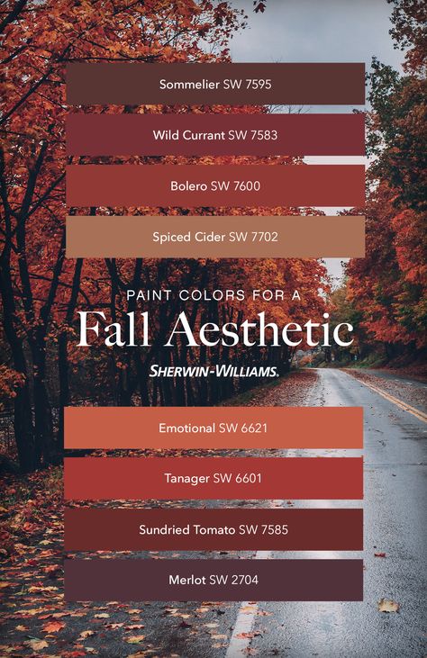 Fall House Color Scheme, Autumn Pallet Ideas, London Clay Paint Color, Deep Orange Paint Colors, Autumn Interior Color Palette, Fall Bedroom Paint Colors, Color Pallets 3 Colors, Fall Living Room Color Scheme, Autumn Paint Palette