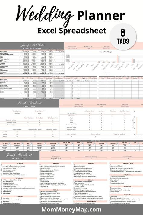 Wedding Planner Excel Spreadsheet - Pink Wedding Planner Spreadsheet, Binder Templates, To Do Checklist, Week Schedule, Wedding Binder, Excel Budget, Wedding Planner Printables, Wedding Guest List, Budget Spreadsheet