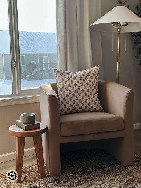 Living Room Reading Nook, Room Reading Nook, Velvet Barrel Chair, Floor Lamp Brass, Target Lighting, Brown Chair, Brass Floor Lamp, Brown Velvet, Diy Projects On A Budget