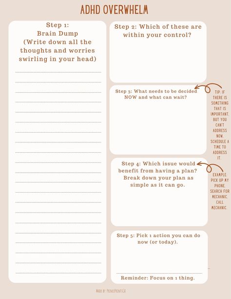 This worksheet is designed to help people with ADHD and similar executive function challenges to work through the overwhelm that comes from not knowing what to focus on. It can help to navigate underfocus or hypnotics. It can help when there are too many thoughts swirling around, making it hard to take any action.  Please note, this is a digital product. No physical product will be sent. Please double check that your print settings when printing. Thank you for being here. Neurodivergent Worksheets, Working Through Emotions, Executive Functioning Activities Teens, Executive Functioning Worksheets, Executive Functioning Strategies, Time Management Worksheet, Counseling Worksheets, Mental Health Activities, Journal Inspiration Writing