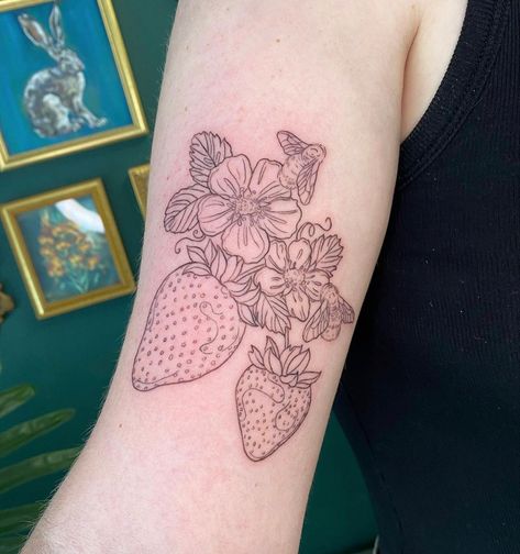 Strawberry On Vine Tattoo, Strawberry Vine Tattoo Black And White, Strawberry Patch Tattoo, Strawberry With Face Tattoo, Strawberry Garden Tattoo, Forest Strawberry Tattoo, Tattoos For Your Child, Child Tattoos, Tattoos For Moms With Kids