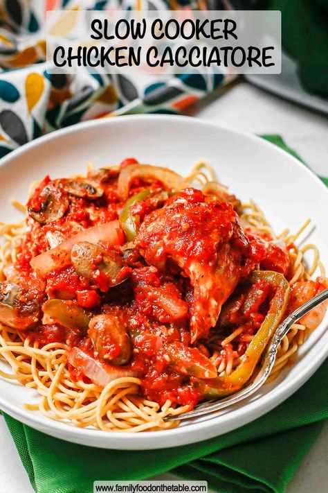 Slow cooker chicken cacciatore is a saucy, flavorful and cozy Italian style family dinner that’s hands-off and great served over spaghetti or with rice. Chicken Catchatori Recipe Slow Cooker, Chicken Cacciatore Recipe Crockpot, Chicken Catchatori Recipe, Chicken Catchatori, Italian Style Dinner, Slow Cooker Chicken Cacciatore, Slower Cooker, Cacciatore Recipes, Chicken Cacciatore Recipe