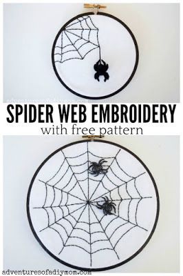 Make spooky spider web embroidery art with this free pattern. Paint the embroidery hoop black and add some spider buttons to finish it off. This project is so easy and festive. Perfect decor for Halloween. Spider Web Embroidery, Cute Gifts For Him, Web Embroidery, Spooky Spider Web, Diy Mom, Halloween Sewing, Halloween Embroidery Designs, Design Motifs, Spooky Spiders