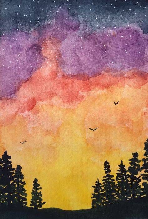 Sunset Drawing Easy Watercolor, Simple Watercolor Sunset, Watercolor Sunset Silhouette, Sun Set Watercolor, Things To Draw With Watercolor Easy, Watercolor Art For Beginners Sunset, Easy Landscape Ideas Painting Watercolor, Watercolor Sillouhette Painting, Watercolor Sunset Easy Tutorial