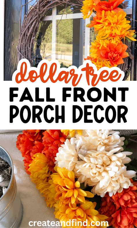 Cheap DIY Dollar Store front porch decor for fall. Fall Lantern Porch Decor, Diy Fall Decor For Porch, Fall Outdoor Decor Porch Front Steps, Fall Front Porch Decor Ideas With Rocking Chairs, Dollar Tree Fall Porch Decor Ideas, Fall Decorations Small Porch, Easy Front Porch Fall Decor, Cheap Fall Decor Ideas For The Porch, November Porch Decorating Ideas