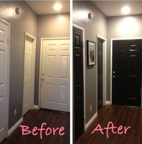 Hallway before & after Doors Painted Black, Hallway Makeover, Black Interior Doors, Interior Design Minimalist, Doors Wooden, Tile Remodel, House Door, Hus Inspiration, Living Room Remodel