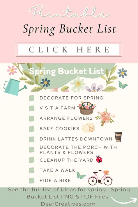 Spring Bucket List Printable - Filled with ideas for spring and has a cute aesthetic. Print it, hang it on the fridge, in the home, or in the dorm room, and check off the items as you do them... Are you looking for fun things to do in the spring? Use this printable with fun ideas for things to do in the spring. And more ideas to make your spring bright! See the full list of ideas and the full-size printable Spring Bucket List! DearCreatives.com Print the Spring Bucket List - PNG or PDF files Spring Bucket List Aesthetic, Spring Bucket List For Adults, Spring Day Aesthetic, Spring To Do List, To Do Printable, Spring Scented Candles, Spring Bucket List, Bucket List Printable, Spring Board