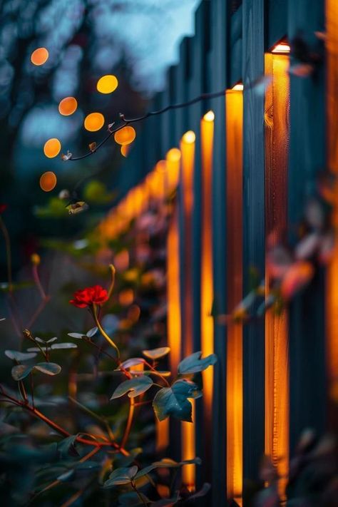 Brighten Your Yard: Outdoor Fence Light Ideas Fence Post Lighting Ideas, Garden Fence Lighting, Outdoor Fence Lighting Ideas, Wood Fence Lighting Ideas, Fence Lighting Ideas, Fence Post Lights, Wedding Lighting Ideas, Outdoor Fence, Solar Fence Lights