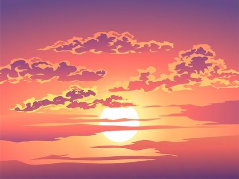 Cloudy sunset sky illustration | Premium Vector #Freepik #vector #sunset-clouds #sky-illustration #sun-clouds #sky-view Sunset Background Drawing, Sun Art Drawing, Sunset Cartoon, Cartoon Sunset, Sun Mural, Planets Aesthetic, Gods Photos, Sky Cartoon, Sunset Drawing