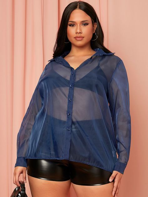 Navy Blue Sexy Long Sleeve Mesh Plain Shirt Embellished Non-Stretch Spring/Summer Plus Size Tops Blue Blouse Outfit, Sheer Top Outfit, Chiffon Blouses, Without Bra, Blue Sheers, Summer Plus Size, Sheer Shirt, Plain Shirt, Plain Shirts