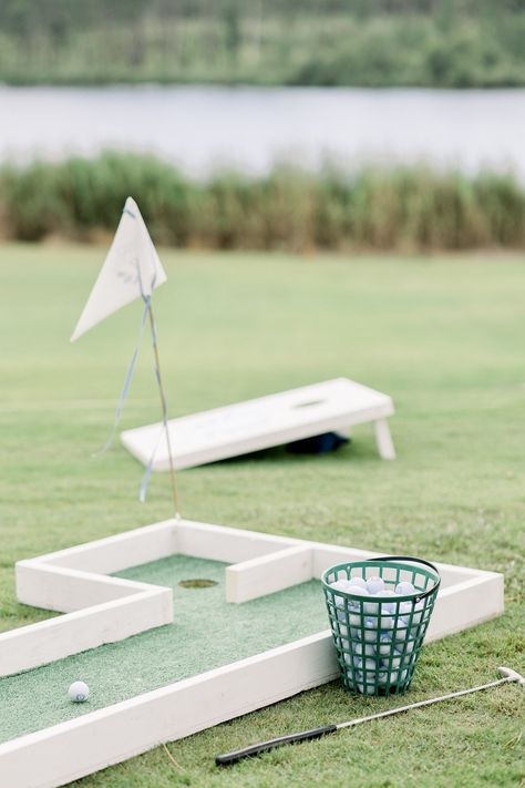 teed up for a good time ⛳️ custom branded golf balls, flags, cornhole boards and more for The Russells 🎉 Cheers to Carley and Nicholas! #fairhopealabama #mobilealabama #WeddingInspiration #WeddingDetails #WeddingDay #WeddingPrep #ElegantWedding #BespokeWedding #shoplocal #golf #customgolfball #customflag #custommonogram #monogram Cornhole At Wedding, Wedding Putt Putt Golf, Golf Ball Wedding Favors, Wedding Mini Golf, Golf Wedding Ideas, Golfing Aesthetic, Golf Themed Wedding, Wedding Country Club, Engagement Theme