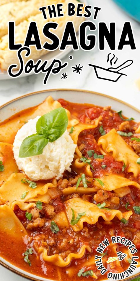 Our homemade lasagna soup is loaded with tomato broth, pasta, and melty cheese to create the perfect comfort food. Best Lasagna, Soups Recipes, Lasagna Soup Recipe, Lasagna Noodles, Homemade Lasagna, Homemade Dinner Rolls, Lasagna Soup, Comfort Dishes, Homemade Dinner