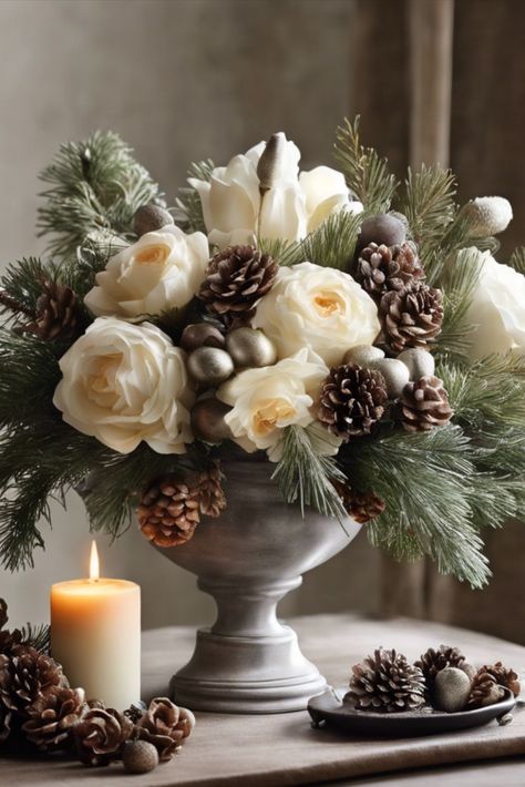 Bring natural elegance to your holiday decor with stunning winter floral displays. Explore combinations of flowers, greenery, and seasonal elements for sophisticated arrangements. Christmas Floor Vase Ideas, Elegant Christmas Floral Arrangements, Winter Flower Arrangements, Classy Christmas Decor, Winter Floral Arrangements, Winter Florals, Altar Flowers, Christmas Flower Arrangements, Creepy Christmas