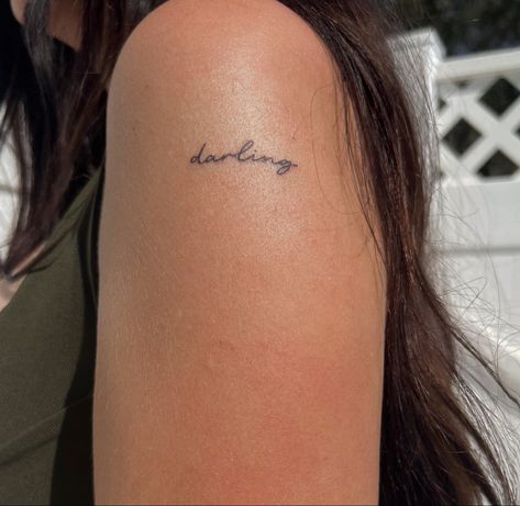 #aesthetic #fashion #tattoo #tattooideas #finelinetattoo Cute Lettering Tattoo, Cute Tattoo Words, Darling Tattoo Words, Darling Tattoo, Fine Line Tattoo Words, Type Tattoo, Small Girly Tattoos, Petite Tattoos, Cute Little Tattoos