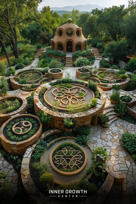 A circular garden with geometric patterns and a domed meditation structure surrounded by lush greenery and mountains. Healing Garden Design, Sacred Garden, Space Garden, Deep Healing, Healing Garden, Outdoor Sanctuary, Public Garden, Garden Spaces, Spiritual Healing