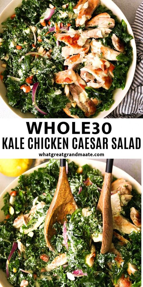 You'll love this low carb & Whole30 kale chicken Caesar salad with massaged kale, toasted almonds, chicken, all covered in the best Whole30 Caesar dressing! Whole 30 Salads, Kale Chicken, Chicken Caesar Salad Recipe, Kale Caesar Salad, Massaged Kale, Paleo Salads, Caesar Salad Recipe, Boiled Egg Diet Plan, Chicken Caesar