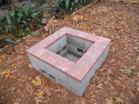 Cinder block firepit covered with red bricks Fire Pit Gallery, Cinder Block Fire Pit, How To Build A Fire Pit, Fire Pit Materials, Brick Fire Pit, Cement Patio, Concrete Patios, Modern Fire Pit, Fire Pit Ring