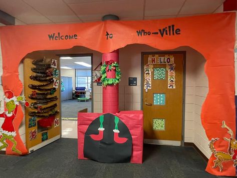 How The Grinch Stole Christmas Door Decoration, Grinch Themed Classroom Door, Grinch Hallway Decorations, Grinch Christmas Classroom, Grinch Classroom Door Ideas, Grinch Hallway Decorations School, Christmas Hallway Decorations School, Whoville Hallway, Christmas Hallway Decorations