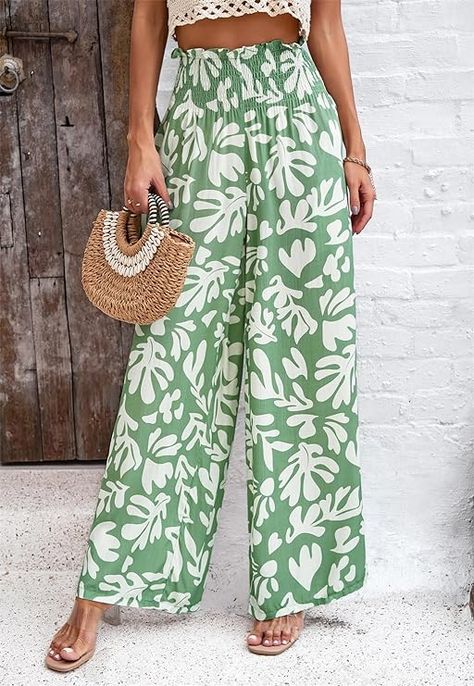 QegarTop Women's Linen Summer Palazzo Pants 2024 Flowy Wide Leg Beach Boho Trousers with Pockets at Amazon Women’s Clothing store Loose Trousers Women, Green Outfits, Summer Bottoms, Denim Short Dresses, Loose Trousers, Chic Blouses, Printed Wide Leg Pants, Dresses Ideas, Weave Style