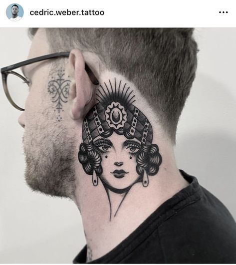 Flapper Tattoo Traditional, Traditional Fortune Teller Tattoo, Trad Girl Tattoo, Romani Traditional Tattoo, Traditional Woman Head Tattoo, Traditional Head Tattoo, American Traditional Neck Tattoo, American Traditional Lady Head, American Traditional Lady