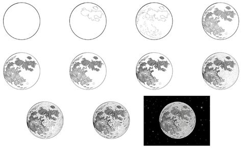 How to Draw a Moon - A Step-by-Step Realistic Moon Drawing Tutorial Moon Drawing Tutorial, Drawing Of The Moon, Draw A Moon, Drawing In Circle, Moon Sketch, Moon Texture, Pencil Sketches Easy, Copic Drawings, Colored Pencil Tutorial