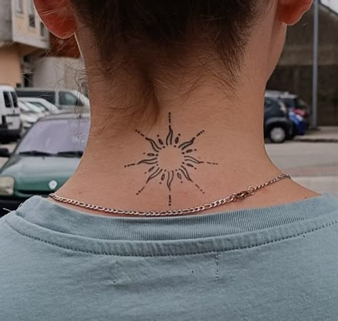 Sun On Neck Tattoo, Sun Tattoo Neck Back, Sun On Back Of Neck Tattoo, Sun Tattoo Behind Neck, Back Of Neck Sun Tattoo, Sun On Knee Tattoo, Lower Neck Tattoo Women, Sun Tattoo Spine, Neck Sun Tattoo