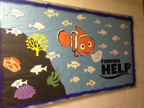 Nemo Bulletin Board Ideas, Nemo Bulletin Board, Hoco Decor, Garden Bulletin Boards, Residence Life Bulletin Boards, Ra Decorations, Finding Nemo Theme, Ra Inspiration, Inspirational Bulletin Boards