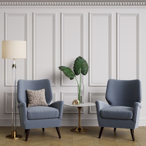 Chair And Table In Bedroom, Blue Armchair Living Room, Interior Design Living Room Grey, Arm Chair Living Room, White Moulding, Bedroom Armchair, Armchairs Living Room, Cozy Interior Design, Floor Lamp Bedroom