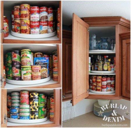 Canned Food Storage by Burlap & Denim Corner Cupboards, Diy Kitchen Hacks, Ocd Organization, Organized Pantry, Custom Pantry, Lazy Susans, Organize Your Kitchen, Organisation Hacks, Kitchen Hacks Organization