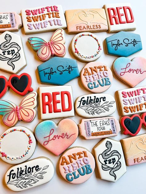 Taylor Swift Baked Goods, Taylor Swift Inspired Cookies, Taylor Swift Royal Icing Cookies, Taylor Swift Themed Cookies, Eras Tour Cookies, Taylor Swift Treats, Taylor Swift Eras Cookies, Taylor Swift Birthday Cookies, Taylor Swift Cookies Decorated