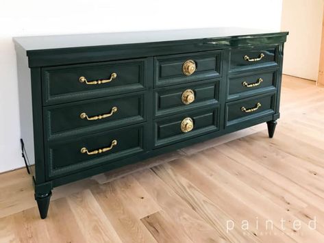 Benjamin Moore Salamander: Vintage dresser in Fine Paints of Europe Painting Wood Furniture Black, Benjamin Moore Salamander, Green Painted Furniture, Fine Paints Of Europe, High Gloss Furniture, Green Dresser, Haute House, Painted Bedroom Furniture, Lacquer Furniture