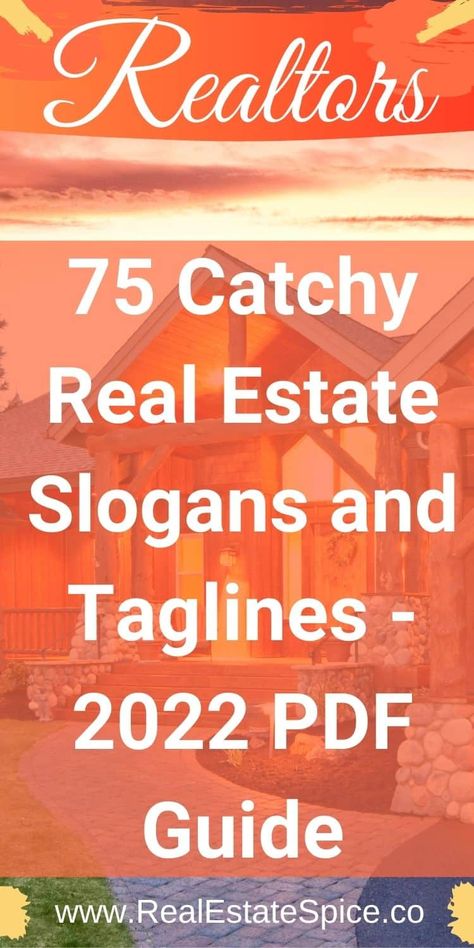 Get Your Free Printable "75 Catchy Real Estate Slogans and Taglines." Set yourself apart with your own real estate slogans and taglines. Use these in your real estate marketing. . . . . #RealEstateTaglines #RealEstateSlogans #RealtorTaglines #RealtorSlogans #RealEstateMarketing #RealtorMarketing #RealEstateMarketingIdeas #RealtorMarketingIdeas #RealtorBranding #RealEstateBranding #RealEstateTips via @https://www.pinterest.com/realestatespice/_created/ Real Estate Tag Line Ideas, Realtor Slogan Ideas, Real Estate Creative Ads Advertising, Real Estate Billboard Design, Real Estate Tag Lines, Catchy Taglines, Catchy Words, Real Estate Investing Rental Property, Realtor Tips