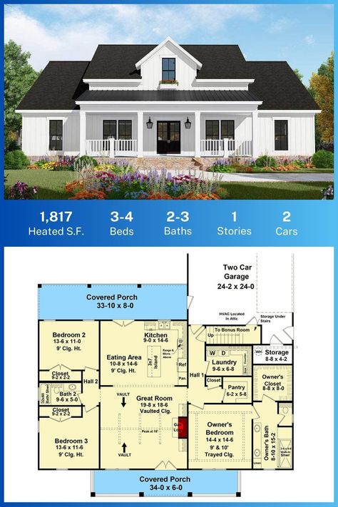 Home Styling - Modern Farmhouse Style 1,817 Sq Ft. 4-Bedroom 1-Story House. Tour inside: https://buff.ly/4aWYO9x | Facebook 1 Story House Plans Bloxburg, 1 Story House, Barn Style House Plans, House Plans One Story, Building Plans House, Plans House, Farmhouse Style House Plans, Family House Plans, Barn Style House