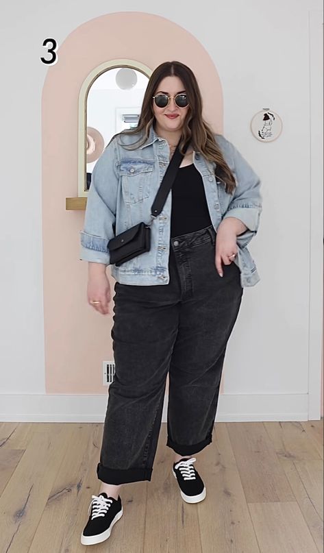 diana dares fall outfit inspo denim jacket black jeans Black Mom Jeans Outfit Plus Size, Plus Size Outfits Sneakers, Plus Size Jeans Jacket Outfit, Oversized Denim Jacket Outfit Plus Size, Black Jeans Denim Jacket, Black Jeans Plus Size Outfits, Tomboy Femme Style Outfits Plus Size, Plus Size Shirt Tuck, Denim Jacket Plus Size Outfits