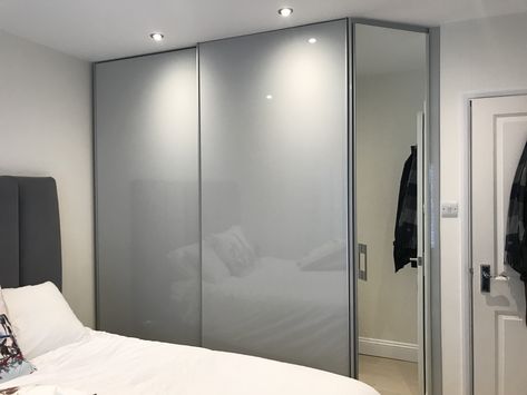 Bedroom Sliding Wardrobe in Grey Gloss  #slidingwardrobe #bedroomfurniture #bespokewardrobe #wardrobe Grey Sliding Wardrobe Bedroom, Grey Wardrobe Design Bedroom, Wardrobe Design Bedroom Sliding With Mirror, Gray Wardrobe Bedroom, Grey Wardrobe Design, Sliding Wardrobe Design Ideas, Grey Wardrobe Bedroom, Wardrobe Color Ideas Bedroom, Bedroom Sliding Wardrobe