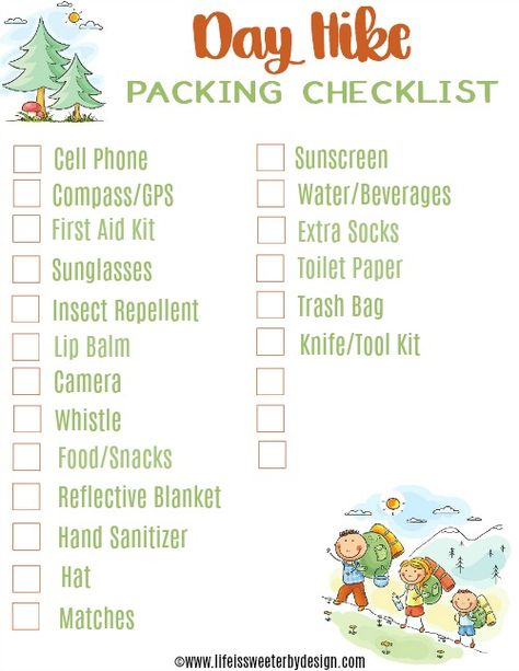 day trip hiking checklist Hiking List, Hiking Checklist, Hiking Day Pack, Kids Checklist, Travel Packing Checklist, Hiking Staff, Vacation Packing List, Hiking Essentials, Packing List For Vacation