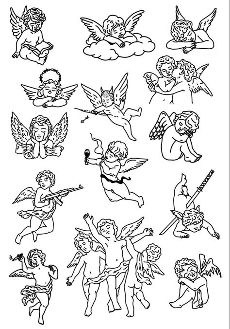 Cherub Outline Tattoo, Small Fine Line Tattoo Men, Cherub Flash Tattoo, Engel Tattoo Design, Cherub Outline, Small Cherub Tattoo, Unique Flash Tattoo, Angel Tattoos For Men, Sublime Tattoo