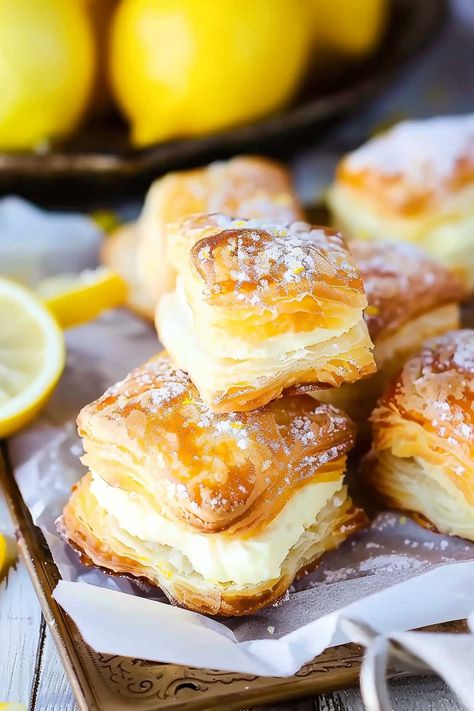 Lemon Cream Cheese Puff Pastries Amish Onion Fritters, Almond Tarts, Cream Cheese Puffs, Onion Fritters, Cream Cheese Puff Pastry, Puff Pastries, Cheese Puff, Cheese Puff Pastry, Lemon Cream Cheese