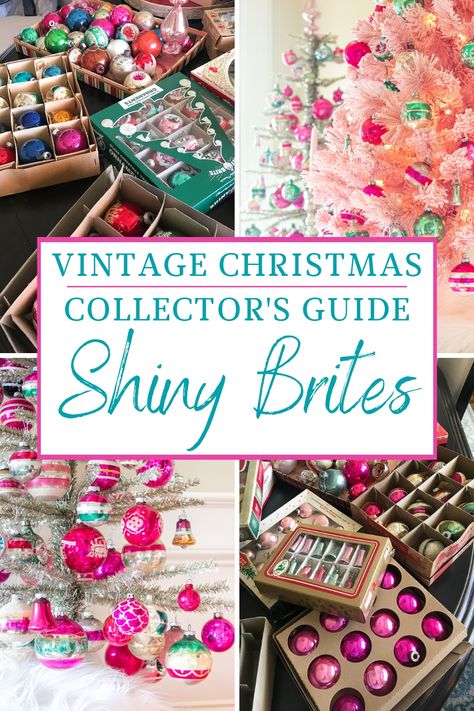 Shiny Brite ornaments and other vintage glass Christmas ornaments have skyrocketed in popularity. No matter the size of your collection, you'll find lots of inspiration for showcasing these beautiful and collectible ornaments. In this collector's guide to vintage Christmas ornaments, you'll also learn the history of Shiny Brites, the best places to find them and how to care for the ornaments so they last for generations to come. Shiny Brite Ornaments 1950s Christmas, Vintage Christmas Collections, Display Vintage Ornaments, How To Decorate A Vintage Christmas Tree, Shiny Bright Christmas Ornaments, Vintage Shiny Brite Ornaments, Vintage Ornament Tree, Vintage Glass Christmas Ornaments, Shiny Brite Christmas Tree