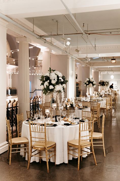 Black White Gold Wedding Theme, White And Gold Wedding Themes, Gold Wedding Decorations Receptions, Chiavari Chairs Wedding, Gold Chivari Chairs, Luxury Event Decor, White Tables, Lightner Museum, Classic Black And White Wedding