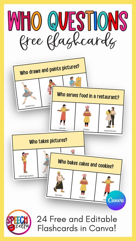 Looking for a fun, creative, and interactive activity to add to your speech therapy routine? Our 'Who' questions flashcards are the perfect solution! Editable, printable and free of charge, these flashcards will keep your students engaged with stimulating speech exercises. Get ready to transform your therapy sessions, one 'Wh' at a time! Wh Questions Speech Therapy Free, Speech Therapy Worksheets Free Printable, Who Questions Speech Therapy, Who Questions Worksheet, Speech Exercises, Wh Questions Speech Therapy, Speech Therapy Free, Aac Activities, Wh Questions Activities