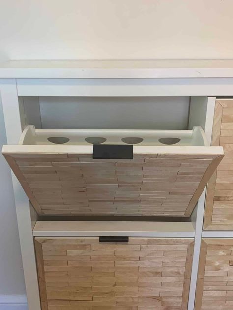 IKEA Hemnes shoe cabinet DIY hack, using popsicle sticks! Diy Narrow Shoe Cabinet, Bissa Shoe Cabinet Hack, Ikea Hemnes Shoe Cabinet Hack, Shoe Cabinet Diy, Hemnes Shoe Cabinet Hack, Ikea Stall Shoe Cabinet Hack, Diy Shoe Cabinet, Ikea Shoe Cabinet Hack, Ikea Hemnes Shoe