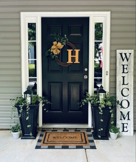 Door Front Decor, Front Porch Pottery Ideas, Masculine Front Door Decor, Lantern In Planter Front Doors, Front Porch Ideas Beige House, Front Door Vases Entrance, Front Door Area Decor Outside, Front Door Plants Entrance, Welcome Door Signs Entrance