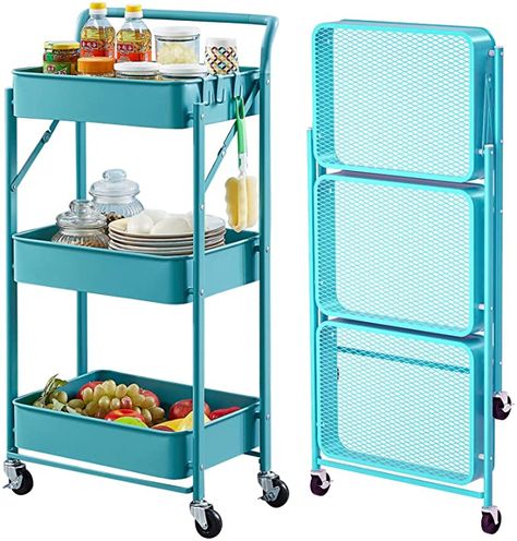 AmazonSmile: Asunflower Foldable 3 Tier Rolling Cart Utility Folding Storage Cart with Handle, Free Installation Rolling Cart Metal Mobile Storage Organizer Cart with Wheels for Teachers, Teal : Office Products Kitchen Utility Cart, Kitchen Trolley Cart, Craft Closet Organization, Folding Shopping Cart, Folding Cart, Metal Cart, Organization Cart, Rolling Utility Cart, Cart With Wheels