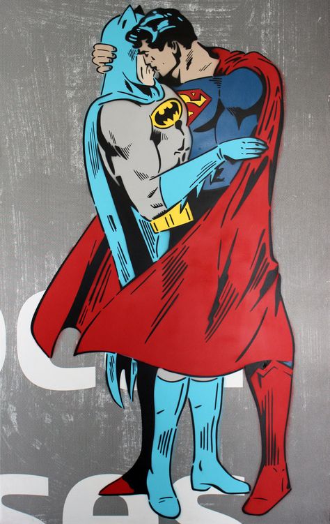 “I wanted to create a dialogue about equality by taking the two most alpha male superheroes and placing them in this embrace.” Superman Drawing, Superman X Batman, Superman X, Kiss Art, Gay Comics, Pop Art Comic, Queer Art, Pop Art Wallpaper, Batman V