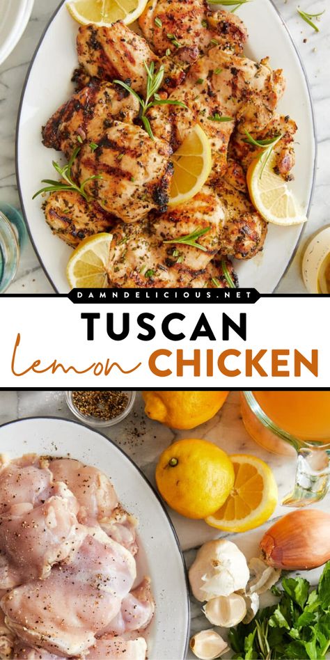 A summer grilling idea featuring Tuscan lemon chicken thighs! Thanks to a lemon garlic herb marinade, this grilled Tuscan chicken is tender and juicy with so much flavor. Perfect on your Memorial Day party food and Father's Day dinner menu! Tuscan Lemon Chicken, Olive Oil Marinade, Lemon Chicken Thighs, Lemon Chicken Recipe, Spring Dinner, Tuscan Chicken, Chicken Dishes Recipes, Mediterranean Diet Recipes, Spring Recipes