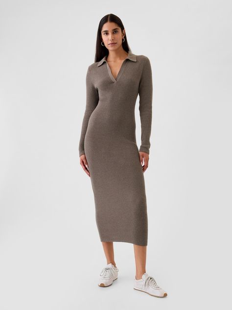 Supersoft cotton-blend ribbed knit midi polo sweater dress.  Polo collar.  Long sleeves.  Fit: Slim.  A slim silhouette that fits close to the body.  Hits below the knee.  Models wearing Gap Polo Jumper, Sweater Midi Dress, Long Sweater Dress, Chunky Knitwear, Long Sweater, Sweater Dress Midi, Polo Sweater, Newborn Dresses, Knit Midi