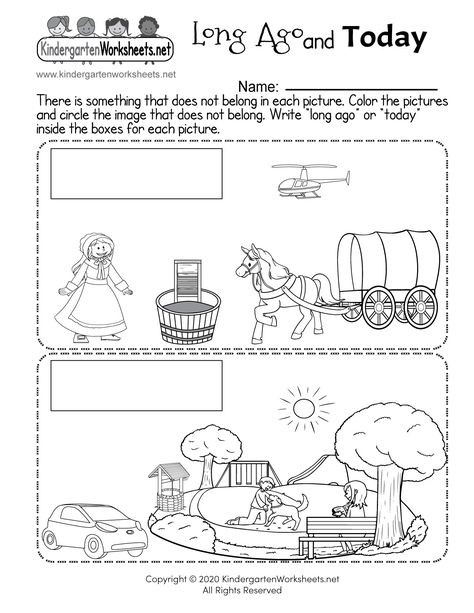 Kids can compare and contrast long ago with how people live today in this free social studies worksheet. Kindergarten Language Worksheets, Preschool Social Studies, Coloring Worksheets For Kindergarten, Counting Worksheets For Kindergarten, Free Kindergarten Printables, Worksheet For Kindergarten, Kindergarten Phonics Worksheets, Kindergarten Social Studies, History Worksheets